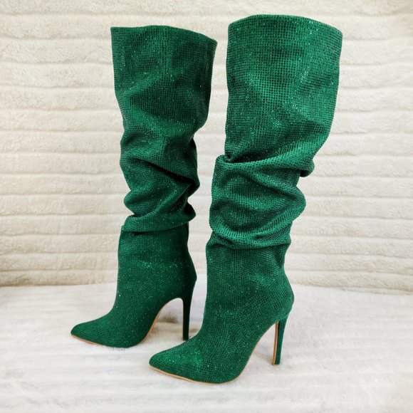 Radiant Emerald Green Rhinestone High Heel Slouch Knee High Boots - Picture 4 of 9